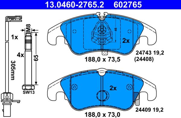 ATE 13.0460-2765.2 - Brake Pad Set, disc brake www.parts5.com