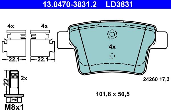 ATE 13.0470-3831.2 - Brake Pad Set, disc brake www.parts5.com