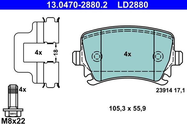 ATE 13.0470-2880.2 - Brake Pad Set, disc brake www.parts5.com