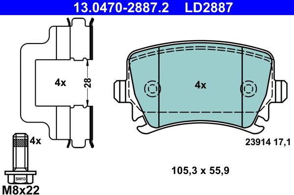 ATE 13.0470-2887.2 - Brake Pad Set, disc brake www.parts5.com