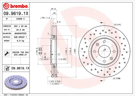 Brembo 09.9619.1X - Brake Disc www.parts5.com