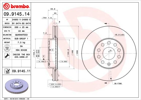 Brembo 09.9145.11 - Тормозной диск www.parts5.com