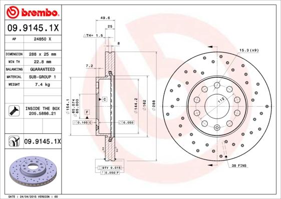 Brembo 09.9145.1X - Тормозной диск www.parts5.com