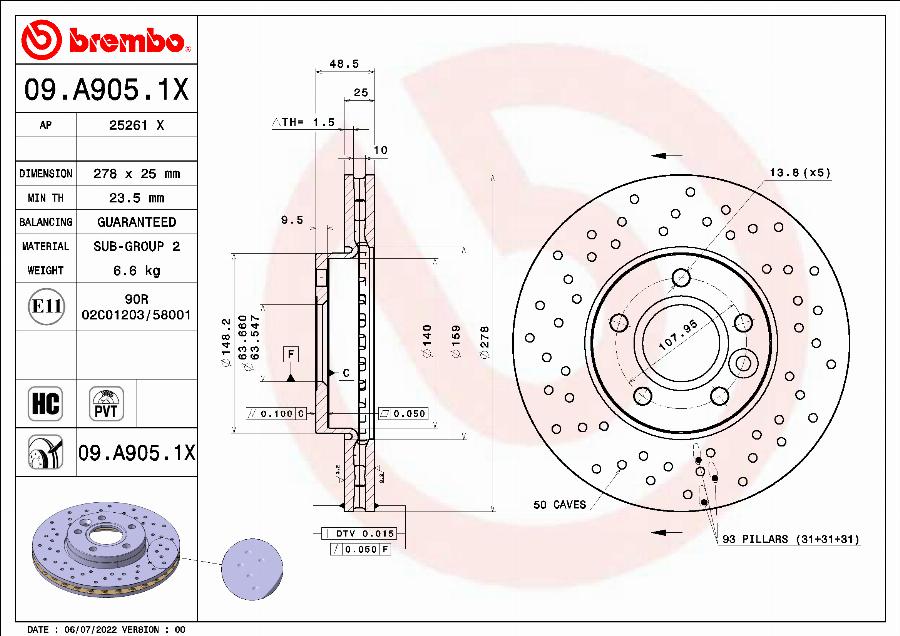 Brembo 09.A905.1X - Brake Disc www.parts5.com