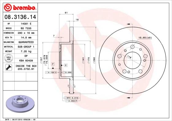 Brembo 08.3136.14 - Тормозной диск www.parts5.com