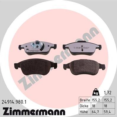 Zimmermann 24914.980.1 - Brake Pad Set, disc brake www.parts5.com
