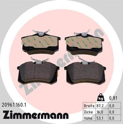 Zimmermann 20961.160.1 - Brake Pad Set, disc brake www.parts5.com