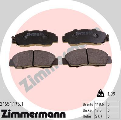 Zimmermann 21651.175.1 - Brake Pad Set, disc brake www.parts5.com