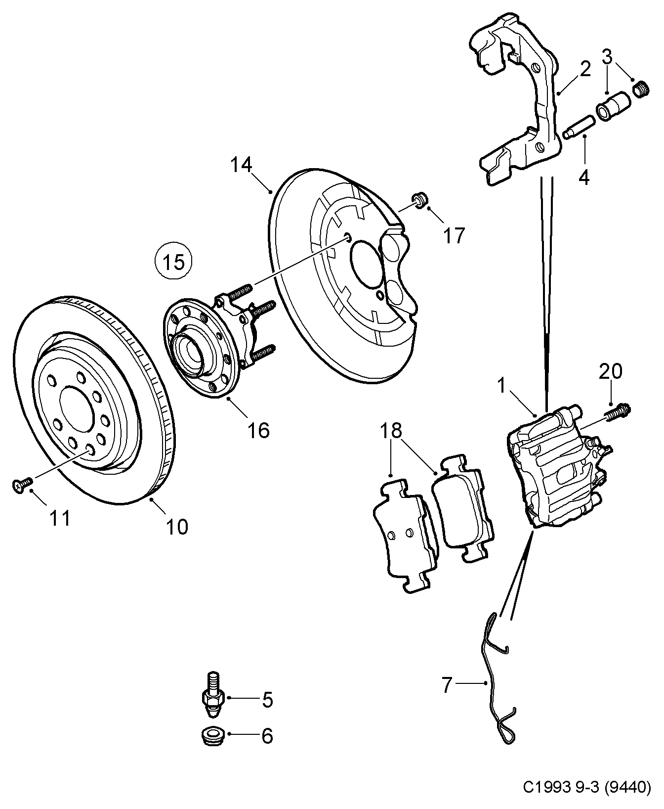 SAAB 11093893 - Brake disc and caliper, (2003-2005) , 4d, 5d, cv: 2 pcs. www.parts5.com